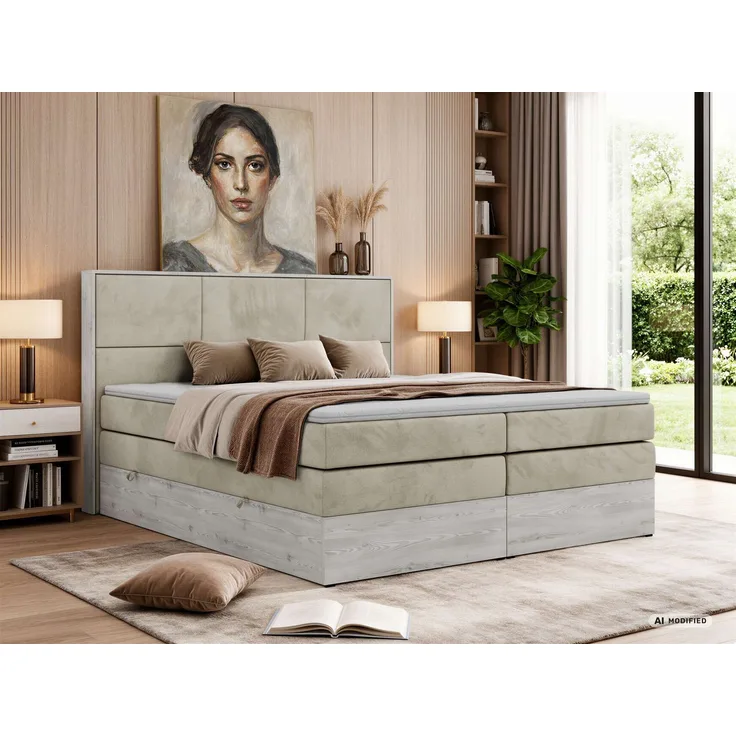 Boxspringbett DELNOR KING 140 x 200 cm Doppelbett mit Bettkasten Kopfteil 7-Zonen Multipocket-Matratze H4 Topper T25 ergonomisch Polsterbett - Beige Velvet