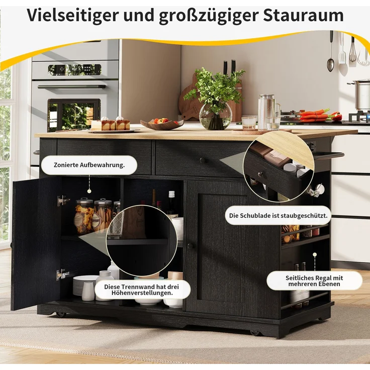 Kücheninsel, Küchenwagen mit Steckdosenleiste ausgestattet, Küchenschrank, Servierwagen mit arbeitsplatte, buffetschrank, Speisewagen mit Holzmaserung, buffetschrank,Schwarz – Bild 5