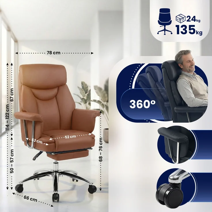 CLP Bürostuhl Dahra Echtleder mit Fußablage höhenverstellbar 360° drehbar,braun – Bild 2