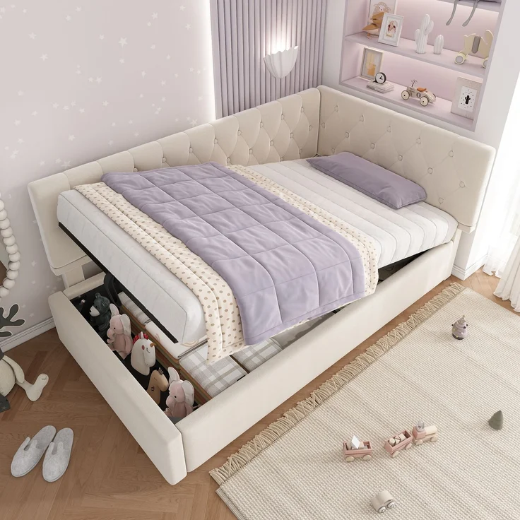 Polsterbett 90x200 cm aus Samt mit hydraulischem Stauraum – L‑förmiges Daybed, beige – Bild 2