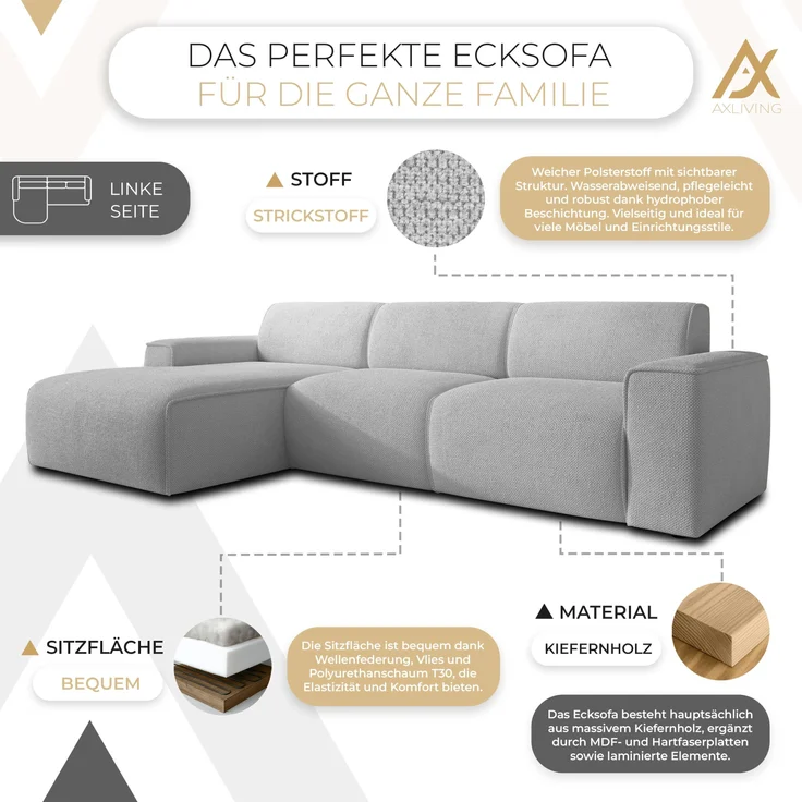 AX LIVING Couch Sofa L Form Didim mini Hellgrau 310 cm breit, stilvoll L – Bild 5