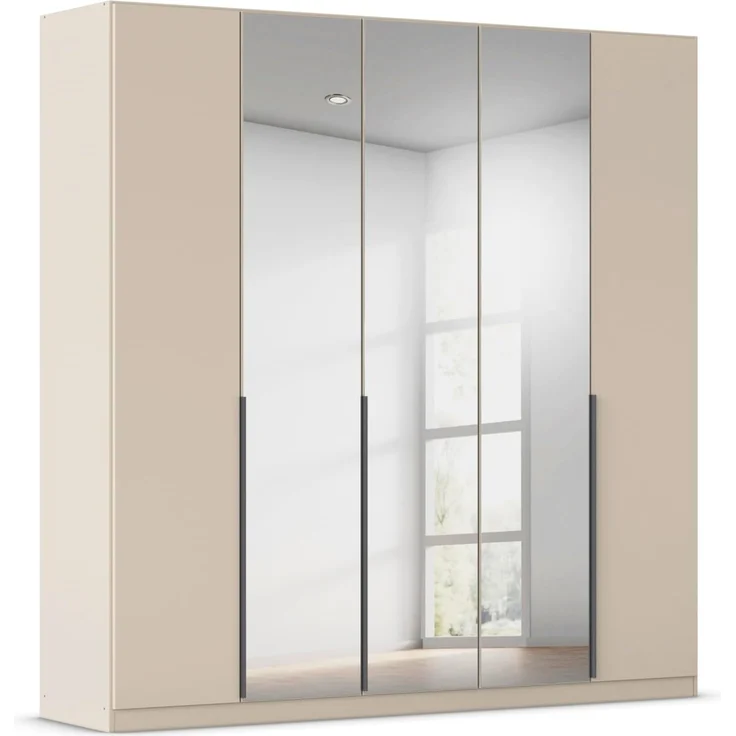 Rauch Möbel Alabama, Kleiderschrank, Garderobenschrank, 5-türig, Spiegel, Zubehör Classic, 3 Kleiderstangen, 9 Einlegeböden, Farbe Beige, Griff Grau metallic, 226 x 229 x 54 cm – Bild 1