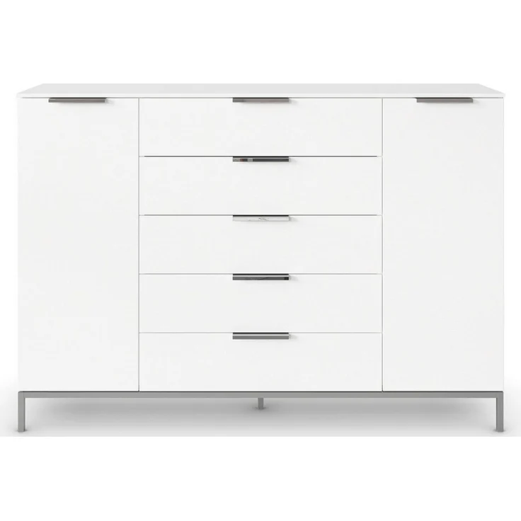Rauch Möbel Flipp, Kombikommode, Kommode mit Stauraum für Wohnzimmer, Schlafzimmer, Flur, 4 Fachböden, mit Metallkufe chrom, Alpinweiß, 2-türig, 5 Schubkästen, Griffe chrom, 160 x 111 x 42 cm – Bild 1