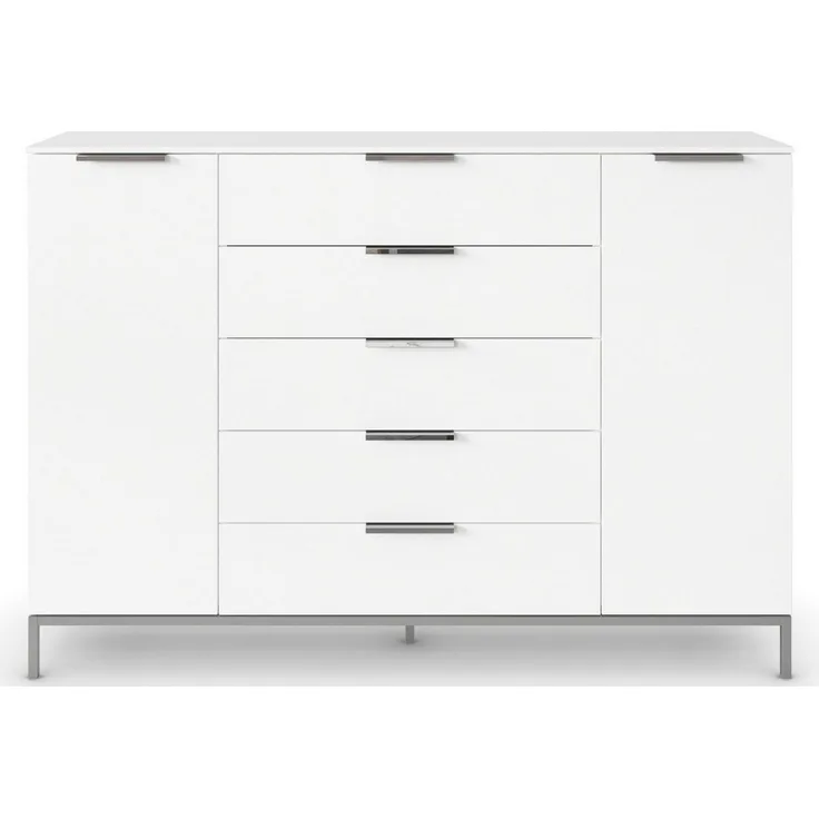 Rauch Möbel Flipp, Kombikommode, Kommode mit Stauraum für Wohnzimmer, Schlafzimmer, Flur, 4 Fachböden, mit Metallkufe chrom, Alpinweiß, 2-türig, 5 Schubkästen, Griffe chrom, 160 x 111 x 42 cm