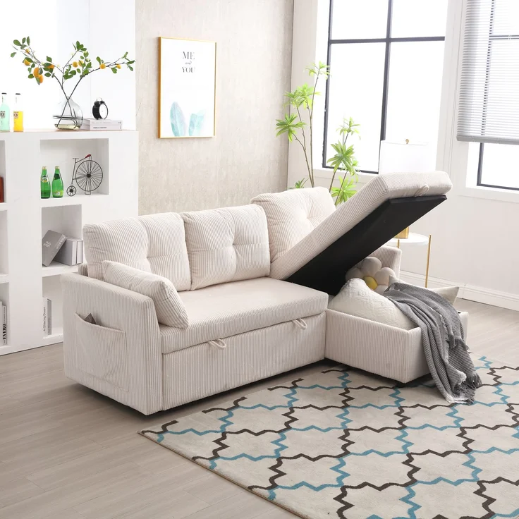 Multifunktionales L-förmiges Schlafsofa mit verstecktem Stauraum, 3 große Kissen, 2 kleine Kissen, seitliche Ablagefächer,Beige – Bild 3