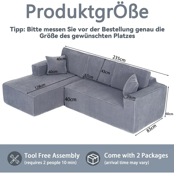 LVHOM L-Form Ecksofa mit Chaiselongue, 3-Sitzer Sofa mit 2 Kissen, Cloud Sofa aus Cordstoff, kein Aufbau erforderlich, Skandinavisches Design, Grau – Bild 6
