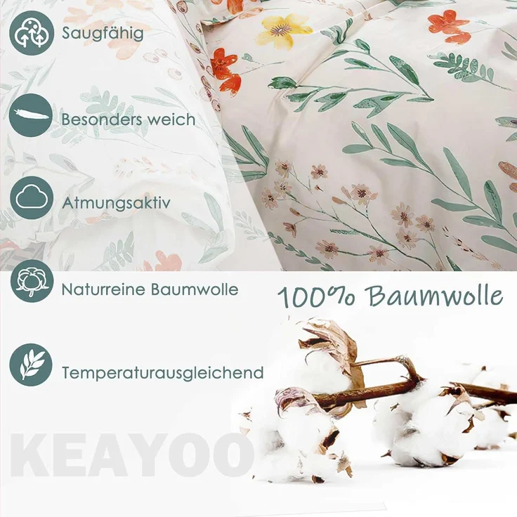 Blumen Bettwäsche 135x200 Baumwolle Reißverschluss 80x80 Kissenbezug Weiß Grün – Bild 8
