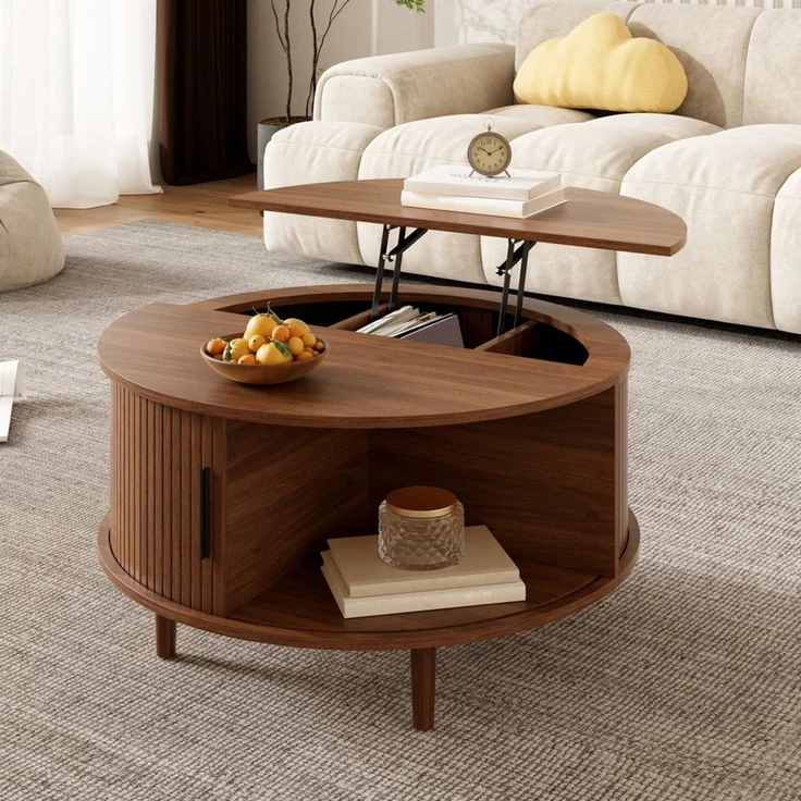 HAUSS SPOLE Couchtisch Couchtisch höhenverstellbar Kaffeetisch mit Schiebetür und Holzfüße (Wohnzimmertisch mit höhenverstellbarer Tischplatte), Moderner Sofatisch Holzoptik mit vertikalen Leisten – Bild 1