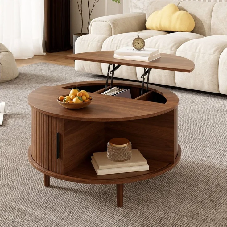 HAUSS SPOLE Couchtisch Couchtisch höhenverstellbar Kaffeetisch mit Schiebetür und Holzfüße (Wohnzimmertisch mit höhenverstellbarer Tischplatte), Moderner Sofatisch Holzoptik mit vertikalen Leisten