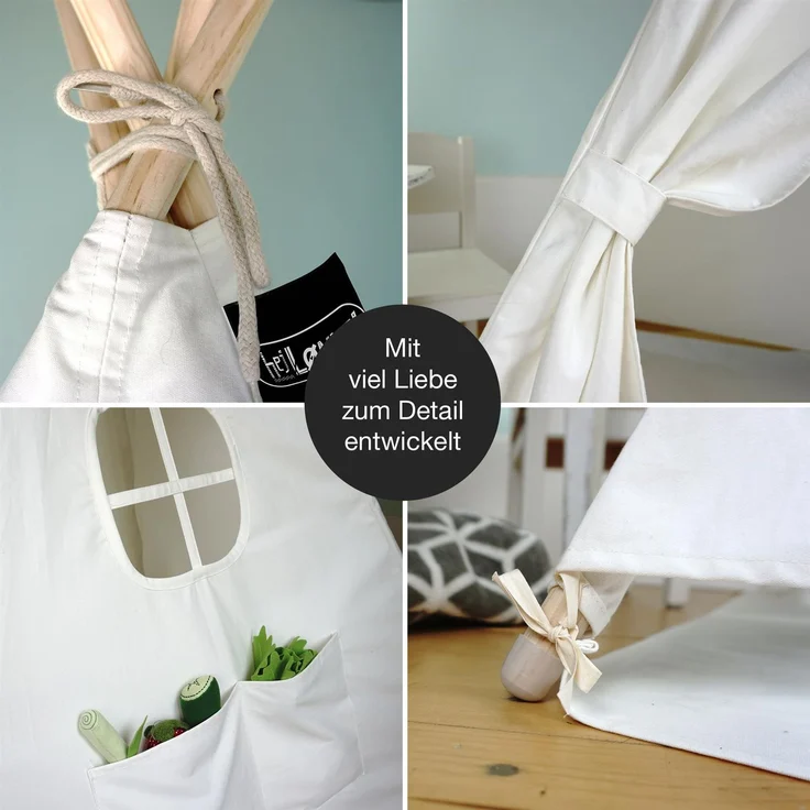 Hej Lønne Kinder Tipi, weißes Zelt, ca. 120 x 120 x 150 cm groß, Spielzelt mit Bodendecke und Fenster, inkl. Beutel und Anleitung, für drinnen und draußen, schadstofffrei – Bild 4