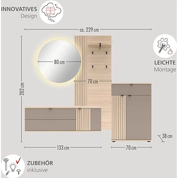 PISA Schuhschrank mit 1 Schubkasten, 2 Holztüren in Basalt matt mit Leistenoptik Riva Eiche – FSC-Zertifiziert – Modernes Schuhregal mit 3 Fachböden – 70 x 103 x 38 cm (B/H/T) – Bild 7