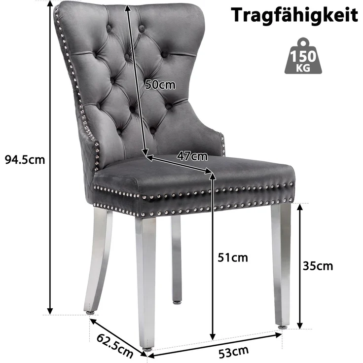 2er Set Esszimmerstuhl Samt gepolstert Massivholz & Metall, modernes Design mit Pin-Kopf Dekoration,Grau – Bild 9