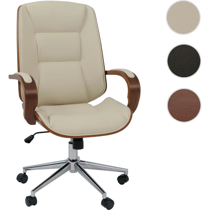 Bürostuhl HWC-O83, Drehstuhl Chefsessel, Kunstleder (280g/m²) Bugholz FSC®-zertifiziert Walnuss-Optik ~ creme – Bild 10