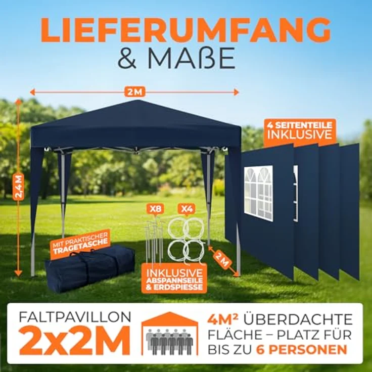 Kronenburg Faltpavillon wasserdicht Dachmaß 2x2 m UV Schutz 50+ Pavillon in Blau mit 4 Seitenteilen – Bild 3