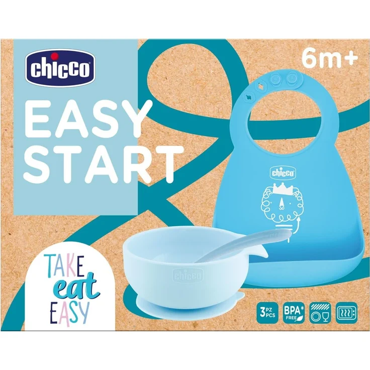 Chicco Silikon Baby Ernährungsset rutschfest, 3-teiliges Weaning Set mit steifem Easy Roll Lätzchen, Easy Bowl Teller und Löffel, 6M+, blau, BPA frei