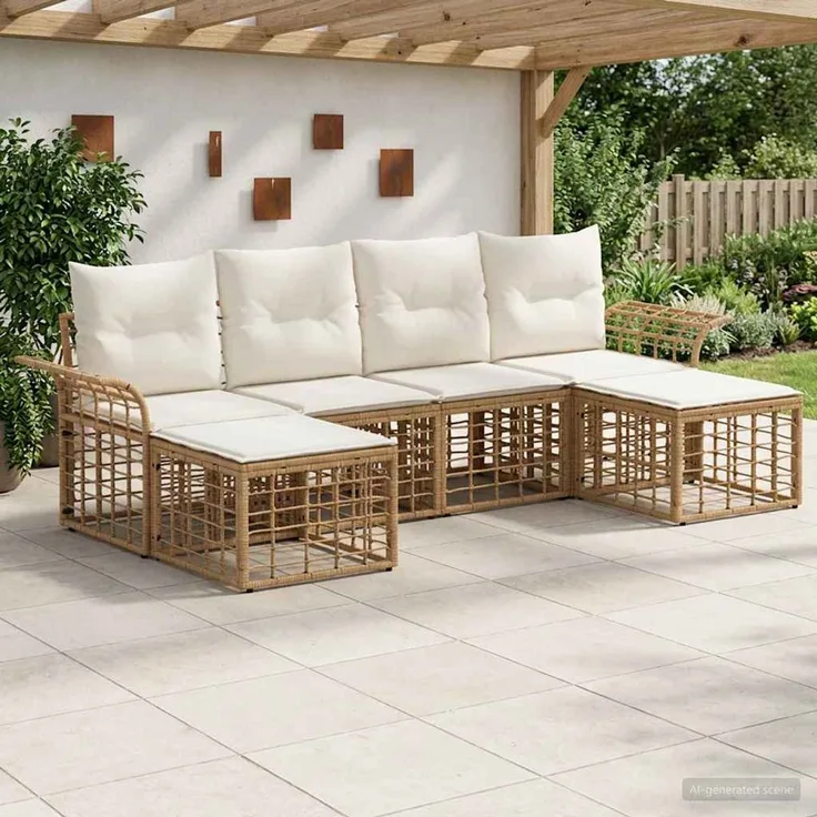 vidaXL Outdoor-Sofagarnitur 6 pcs Natürlich und Cremweiß Polyester 3437742