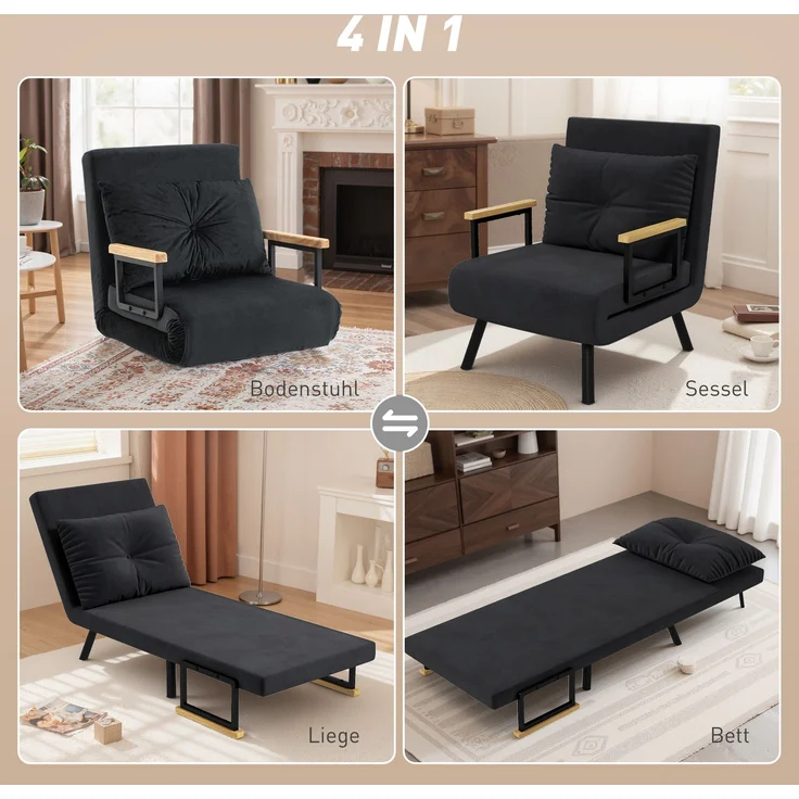 HOMCOM Schlafsessel, Stahl, Polyester, Schwarz, 73L x 63B x 81H cm – Bild 4