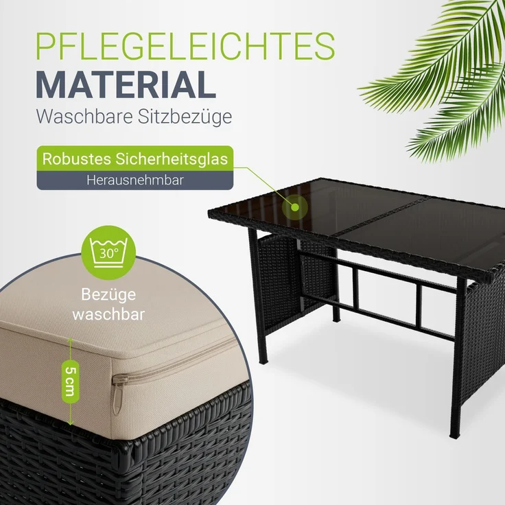 Juskys Polyrattan Lounge Manacor schwarz – Gartenlounge mit Sofa, Tisch, 2 Hocker & Kissen, inkl. Abdeckung – Gartenmöbel Set bis 8 Personen – Sitzbezüge in Creme – Bild 3