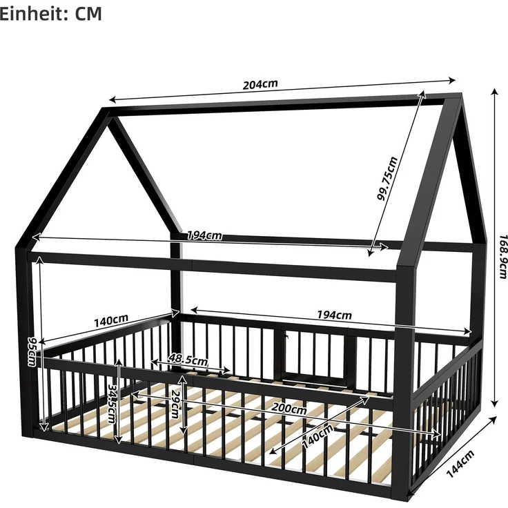 Hausbett mit Lattenrost, Zaun, Tür und Rausfallschutz, 140x200 cm, Metallbett, Kinderbett, Doppelbett, Jugendbett – Bild 7