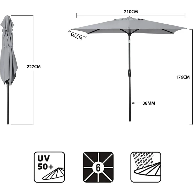 Sekey Aluminum Sonnenschirm 210 × 140 cm, Hellgrau – Bild 7