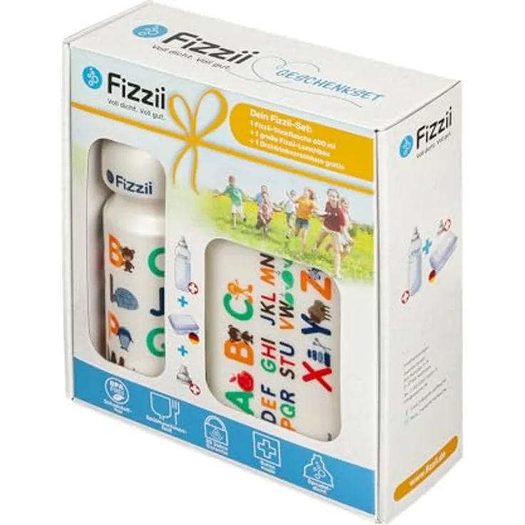 Fizzii Geschenkset Pausenset ABC (Trinkflasche 600ml + Lunchbox + Ersatztrinkverschluss, im hochwertigen Geschenkkarton)