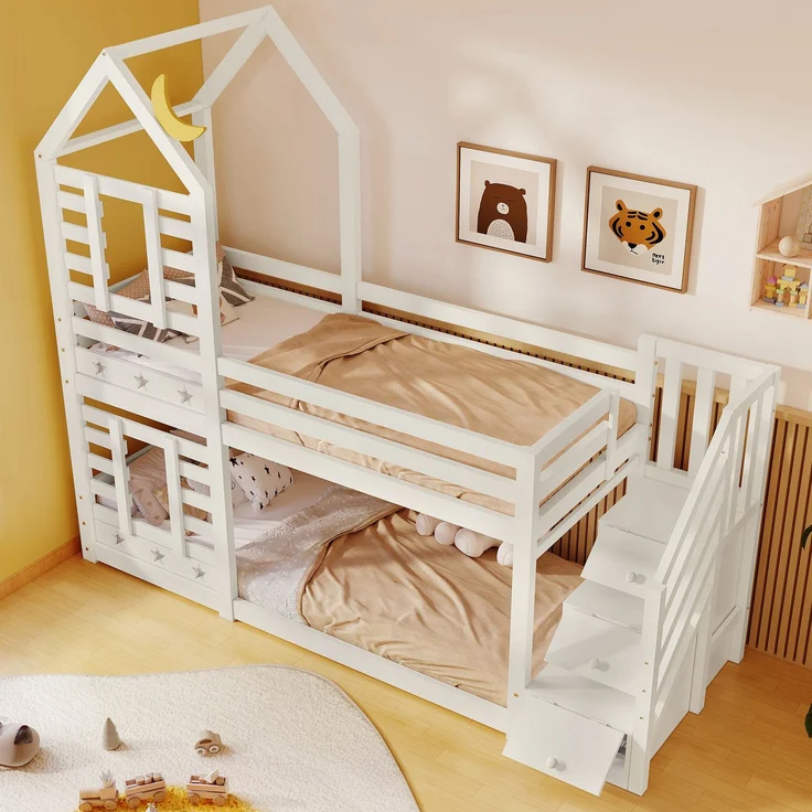 Etagenbett 90x200 cm mit Treppe und Stauraum, Sterne & Monde Design, Hausrahmen, Kiefer-Massivholz, Weiß, Kinderbett – Bild 4