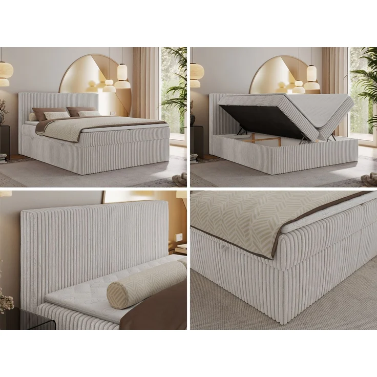 Boxspringbett mit Kopfteil und Topper T25, Cord Bett - TILIANO - 160 x 200 cm - Hellgrau Cord - H4 – Bild 2