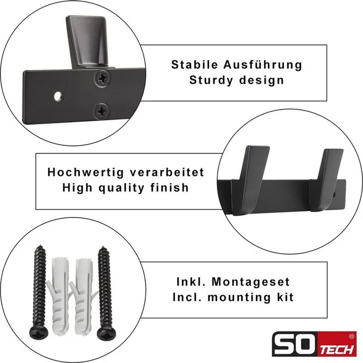 SO-TECH® Hakenleiste Blackline ALBUS schwarz pulverbeschichtet, (1 St), Länge 345 mm mit 4 Haken – Bild 2