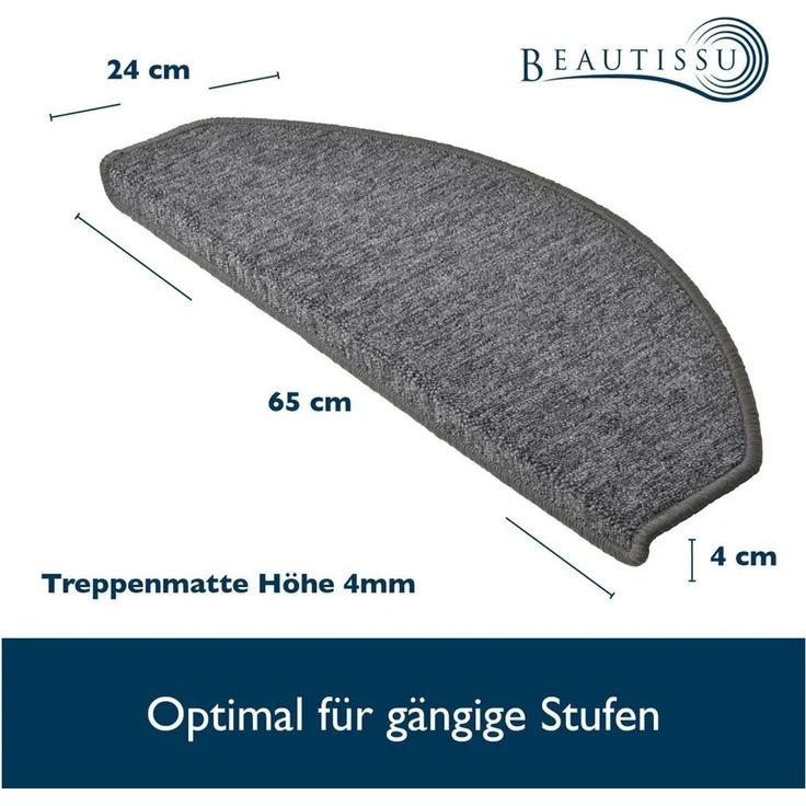Beautissu Stufenmatte Treppenstufenmatten ProStair, 55x15cm, 15 Stück, Grau, halbrund, Höhe: 4 mm, Stufenmatten Selbstklebend Innen Treppenmatten Stufenmatte – Bild 4