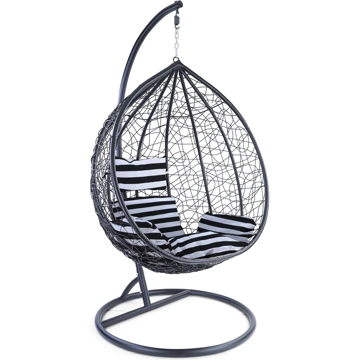 Luxus Hängesessel Miami XXL Rattan Korb und Gestell schwarz Kissen schwarz weiß