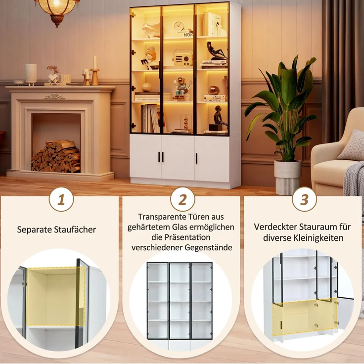 DESVIAE Vitrine mit 6 Glastüren und LED-Beleuchtung 120x200x32 cm MDF Weiß – Bild 4