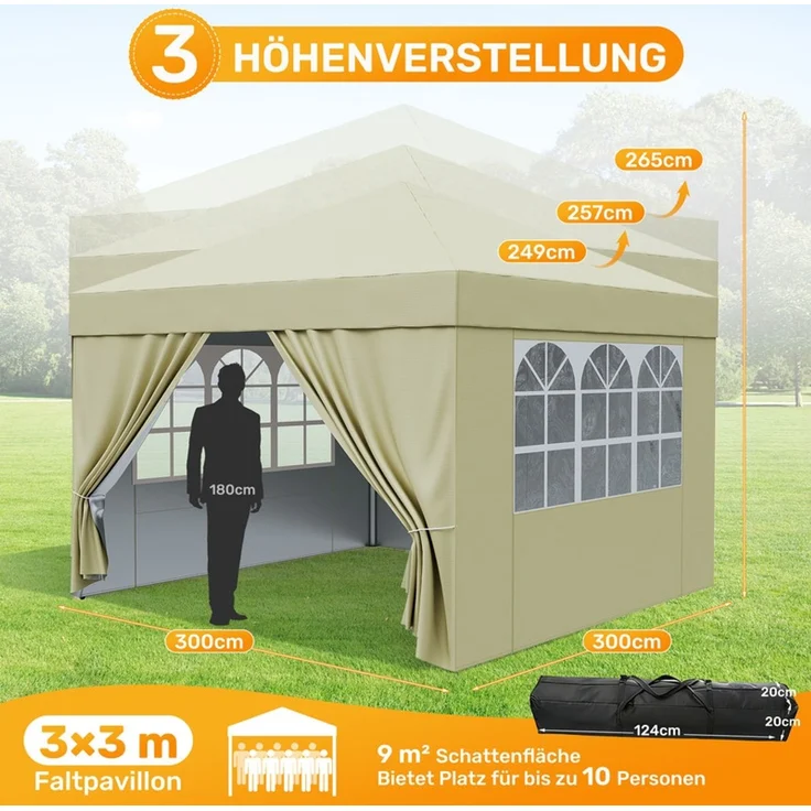 Hawthyhome Faltpavillon 3x3 Pop-Up Partyzelt, wasserdicht & UV50+, One-Touch-Schnellaufbau, 3 Höhenstufen, stabiles Kohlenstoffstahl-Gestell, inkl. 4 Seitenwände & Tragetasche, für Garten, Terrasse & Gartenpartys, Beige – Bild 2