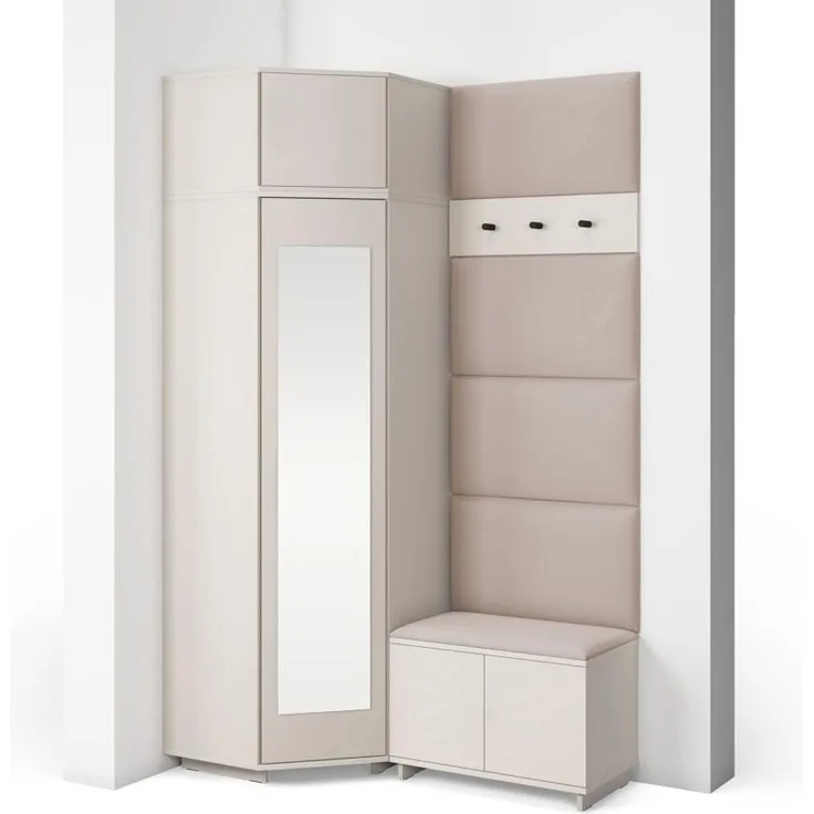 Garderoben-Set Napoli Version 18: Eckschrank mit Polsterpaneelen, Schuhschrank Flur und Eingangsbereich (Cashmere/Trinity 02), 229 x 70 x 140 cm
