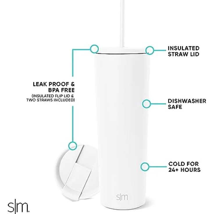 Simple Modern Thermobecher mit Strohhalm und Deckel | Trinkbecher mit Henkel Wiederverwendbare Edelstahl | Geschenke für Frauen und Männer | Classic | 830ml | Winter White – Bild 2