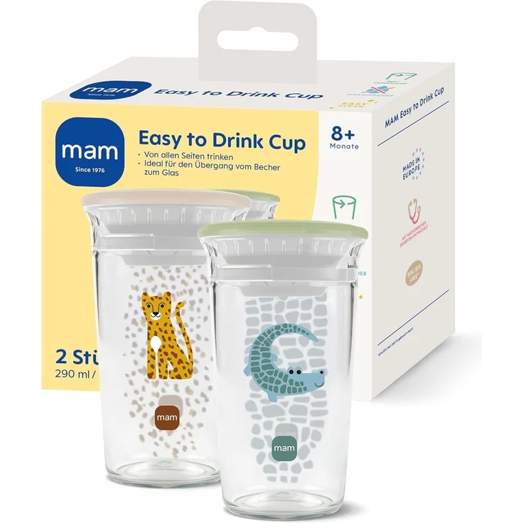 MAM Easy to Drink Cup 360° 290 ml, 2er-Set, ab 8 Monaten, Kroko/Leo