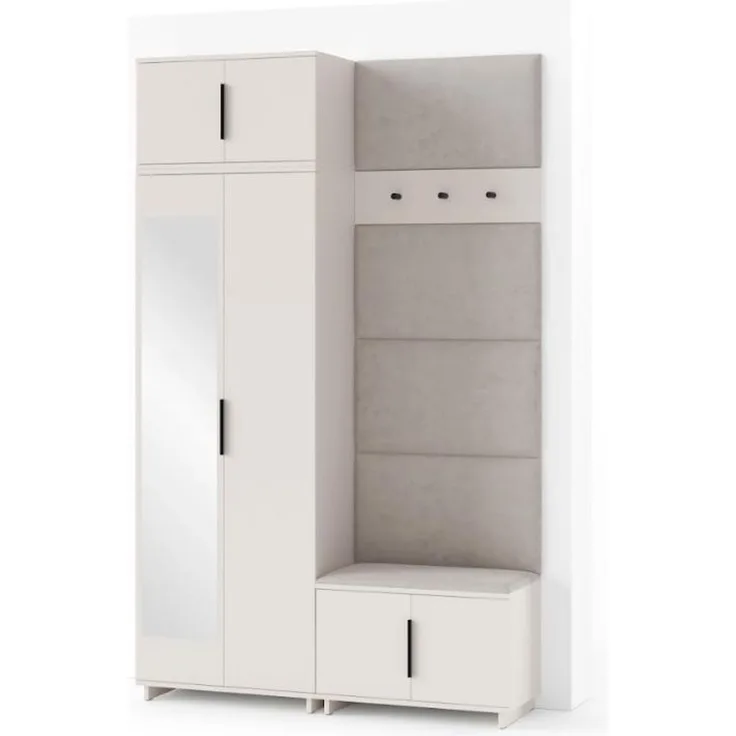 Garderoben-Set Napoli Version 4: Kleiderschrank mit Polsterpaneelen, Schuhschrank Flur und Eingangsbereich (Cashmere/Trinity 01), 229 x 40 x 140 cm