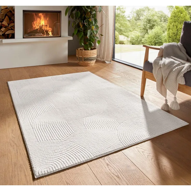TaraCarpet Teppich TaraCarpet Homestyle 390 Wellen, rechteckig, Höhe: 10 mm, Felloptik Wohnzimmer hoch-tief weich waschbar Welle creme 50x80