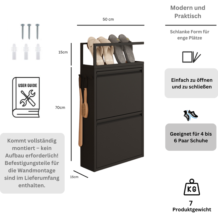 Schuhkipper mit Zubehör, Schwarz, 2 Klappen 52x15x85,5 cm, Pantoffelregal, Hakenleiste – Bild 8