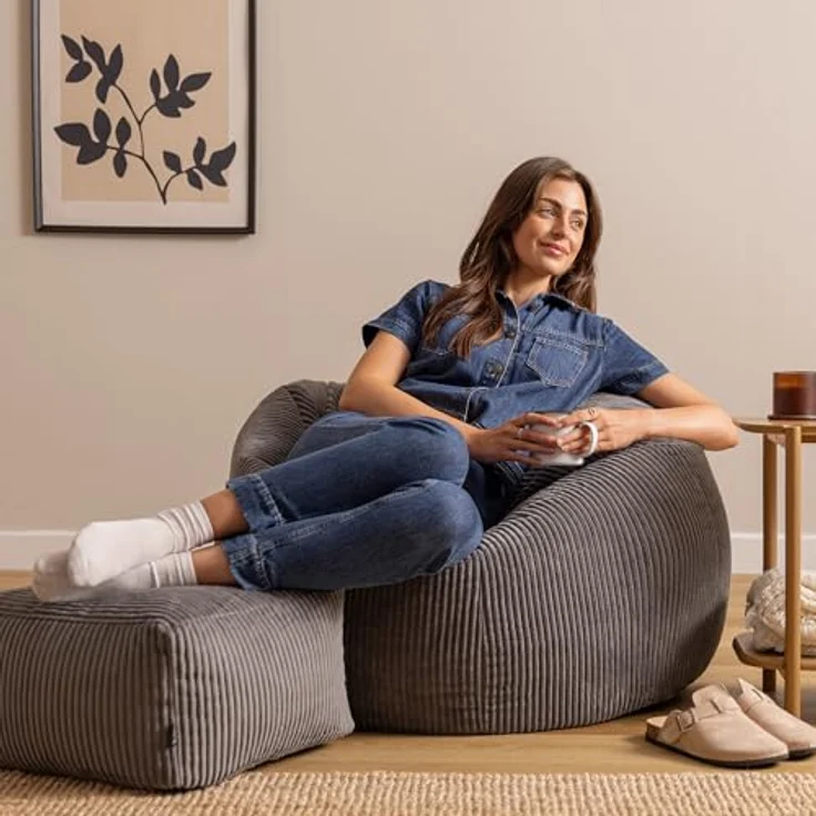 Icon Kingston XXL Sitzsack Cord mit Hocker, Dunkelgrau, Sitzsack Erwachsene mit Füllung, Bean Bag, Cord Sessel, Lounge Sessel, Lounge Stuhl, Schlafzimmer, Wohnzimmer, Wohnzimmer Möbel – Bild 3