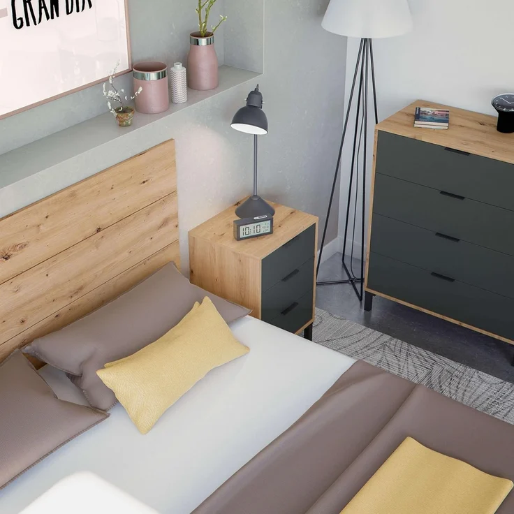 Habitdesign, modernes Kopfteil mit 2 Nachttischen und 6 Schubladen für Doppelbett, Schlafzimmer-Set in Eiche Nodi & Anthrazit, viel Stauraum, Maße: 240 x 74 x 33 cm (B x H x T), Modell Enzo – Bild 5