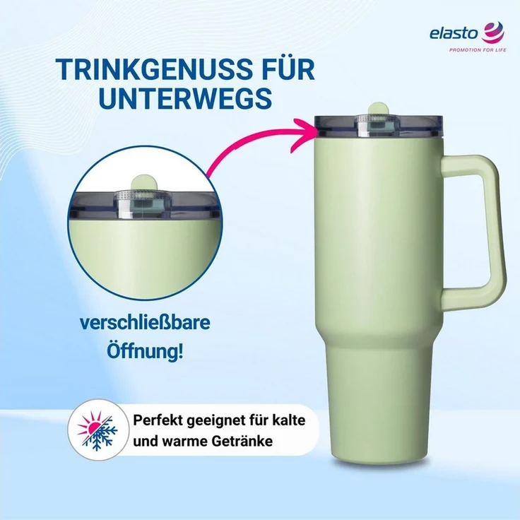elasto Becher Edelstahl Trinkbecher mit Deckel und Strohhalm 1,2 Liter, isoliert, robust, für unterwegs – Bild 2