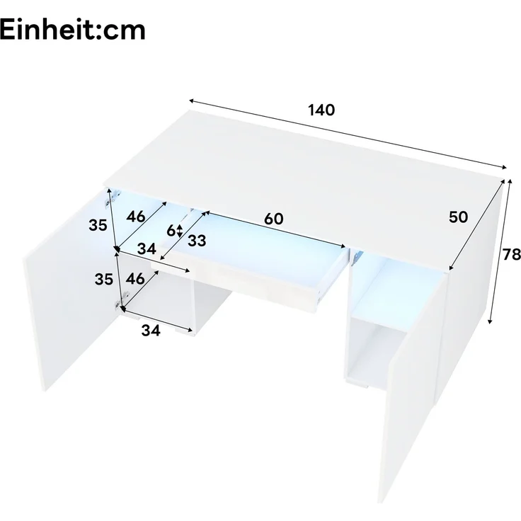 ZUBALIYA 140x50cm großer Schreibtisch in Hochglanz, mit LED-Beleuchtung, 1 Schublade und 2 Türen, moderner Computertisch mit extra großer Arbeitsfläche, Schminktisch mit Stauraum, in Weiß-Hochglanz – Bild 6