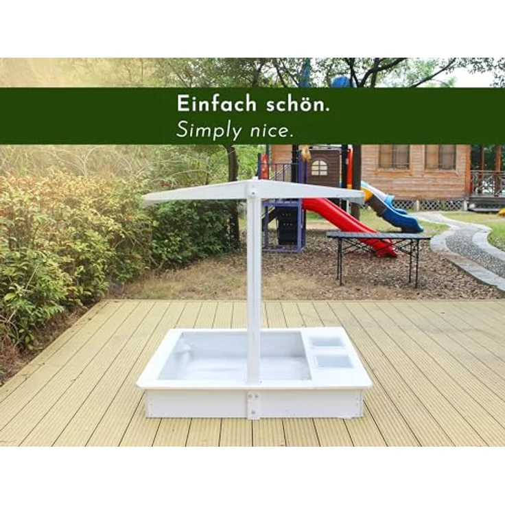 WONDERMAKE Sandkasten Holz mit Abdeckung, 2x Matschküche, 113x113 cm, quadratisch, weiß silber, wasserdicht, inkl. Boden-Vlies – Bild 4