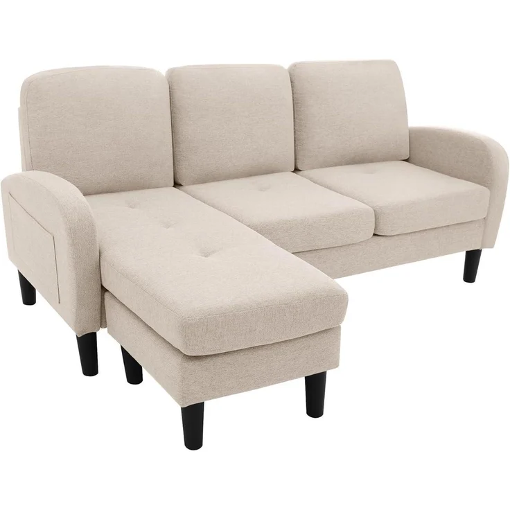 Ecksofa L Form 3 Sitzer Leinenstoff Kunststoffbeine Beige – Bild 5