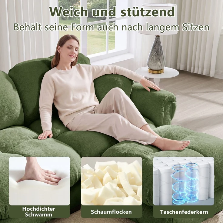 EINHOM 3-Sitze L-förmiges Cloud Sofa, inklusive mobiler Ottomane und 2 kleinen Dekokissen, Feines Steppdesign, Dicke Sitzkissen, Weich und Stützend, Einfach Aufzubauen, geeignet für das Wohnzimmer, grün – Bild 6