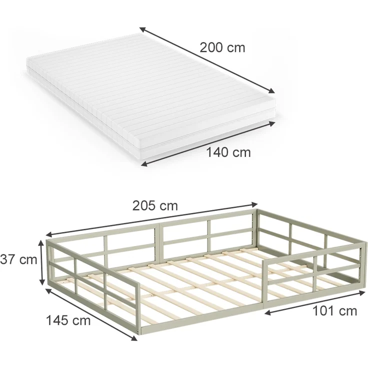 Bodenbett aus Metall Minno Greige 140x200 mit Matratze Vitalispa – Bild 2