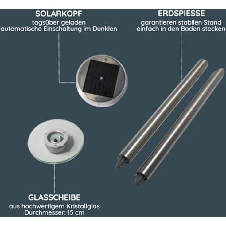 MeLiTec LED Solarleuchte SO13, Saturn, LED fest integriert, kaltweiß, aus Edelstahl und Echtglas, bis zu 8 Stunden Leuchtdauer – Bild 5