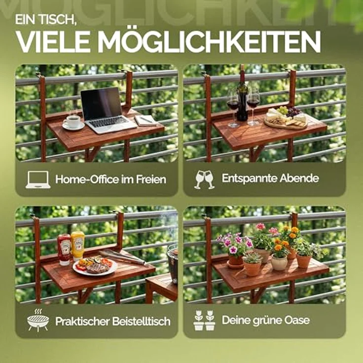 Casaria Balkonhängetisch Akazie (1-St), klappbar Holz FSC®-zertifiziert 40kg Belastbar Balkon Geländer Akazie – Bild 9