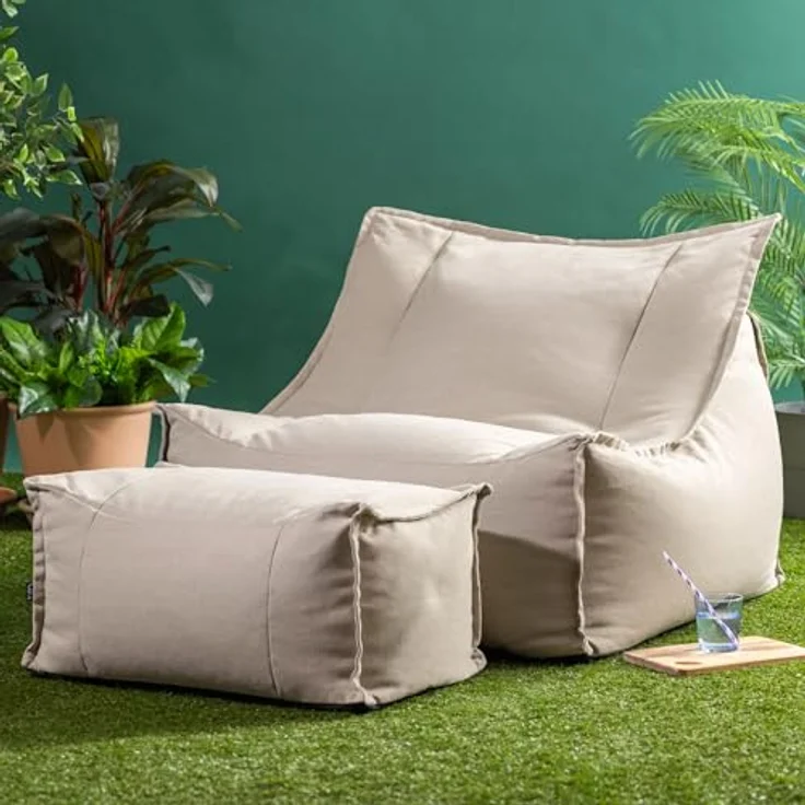 Icon Alto Sitzsack Sessel mit Hocker, Beige, Olefin Stoff für Drinnen und Draußen, Riesen Sitzsack mit Füllung, Bequemer Sessel, Garten, Terrasse, Lounge, Wohnzimmer – Bild 2