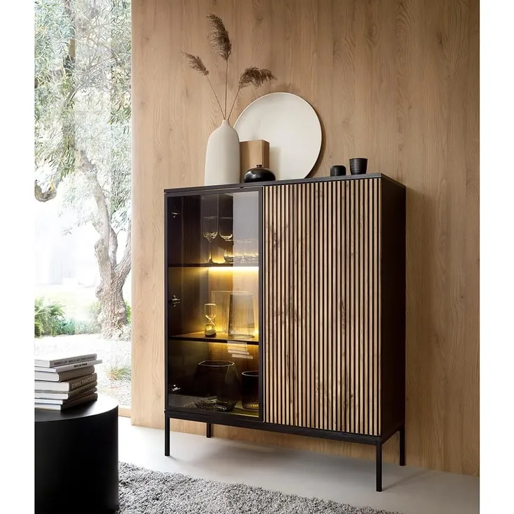 Lomadox Highboard SIBARI-160, Highboard, schwarz mit Wotan Eiche Nb, grifflos B/H/T 104/126/36 cm